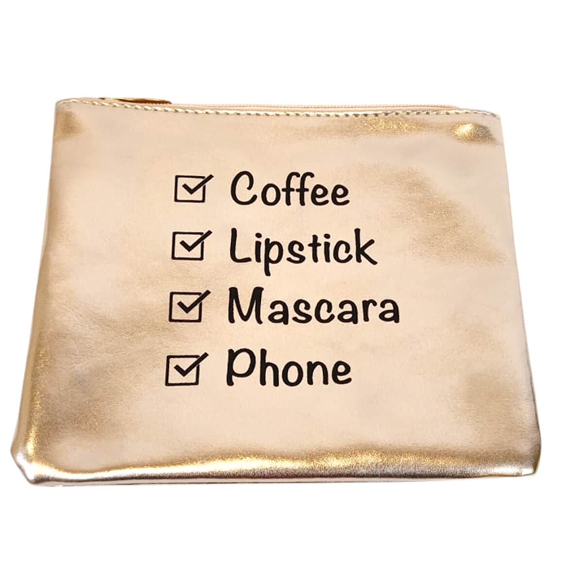Metallic Gold Vegan Leather Coffee First Cosmetic Bag , Makeup Bag , Makeup Pouch , Travel Makeup Bag image number 0