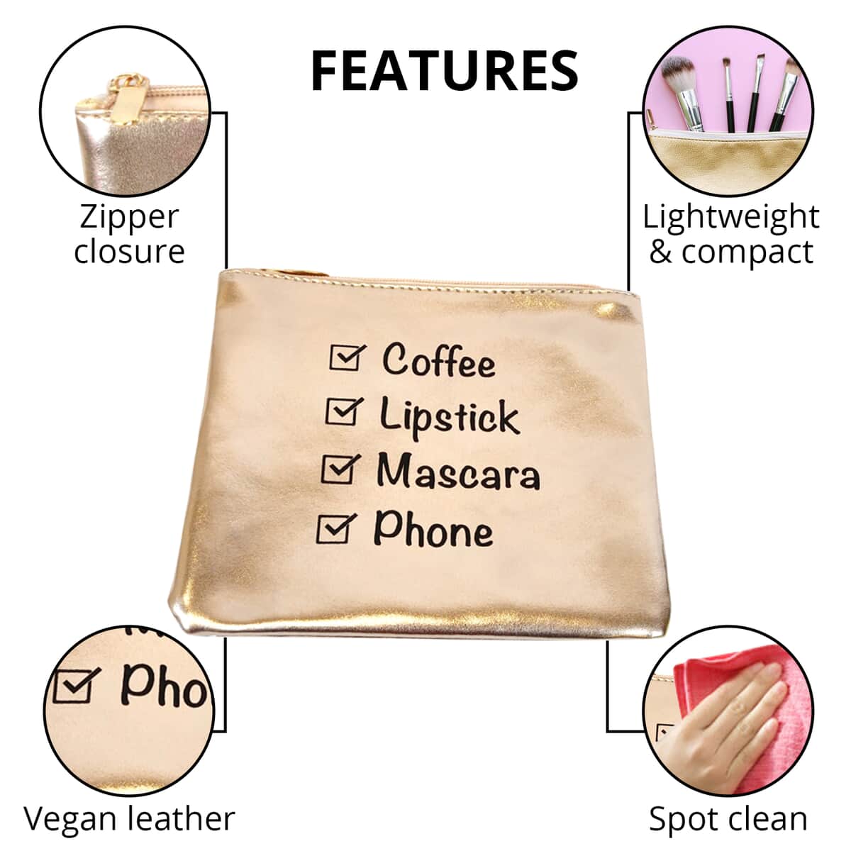 Metallic Gold Vegan Leather Coffee First Cosmetic Bag , Makeup Bag , Makeup Pouch , Travel Makeup Bag image number 2
