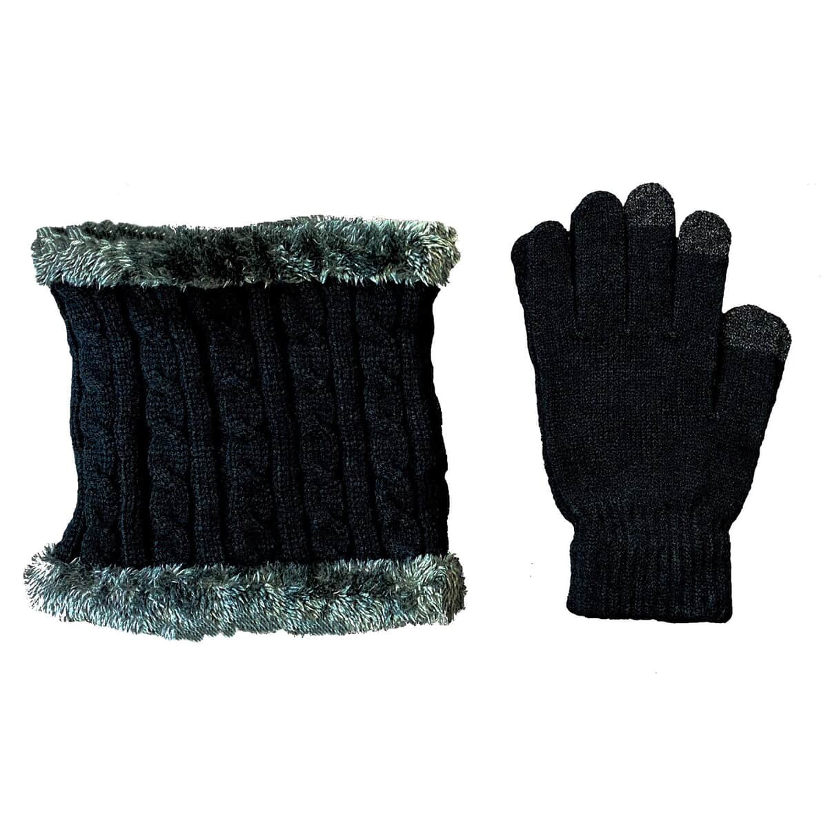Black and Gray Acrylic Winter Knit Scarf & Gloves Set (11"x1"x15") image number 0