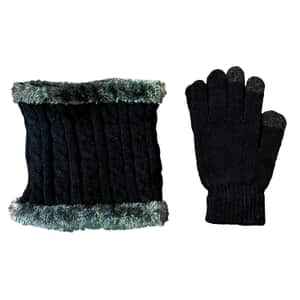 Black and Gray Acrylic Winter Knit Scarf & Gloves Set , Women's Designer Scarf and Gloves Set , Winter Set for Women