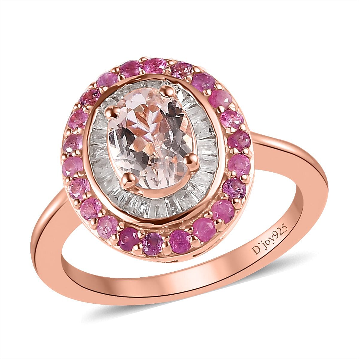 Marropino Morganite, Madagascar Pink Sapphire and Diamond Double Halo Ring in Vermeil Rose Gold Over Sterling Silver (Size 10.0) 1.35 ctw