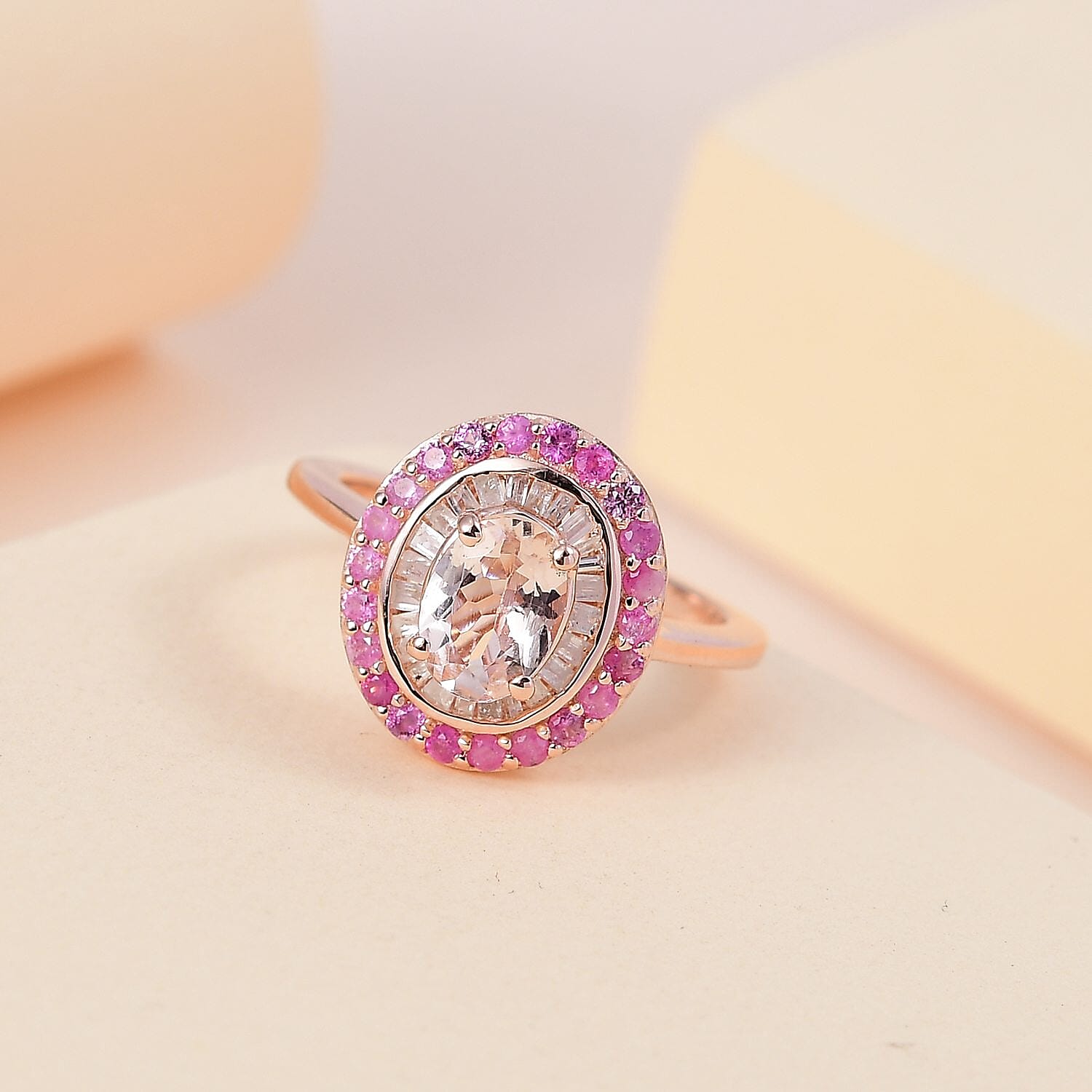 Marropino Morganite, Madagascar Pink Sapphire and Diamond Double Halo Ring in Vermeil Rose Gold Over Sterling Silver (Size 10.0) 1.35 ctw