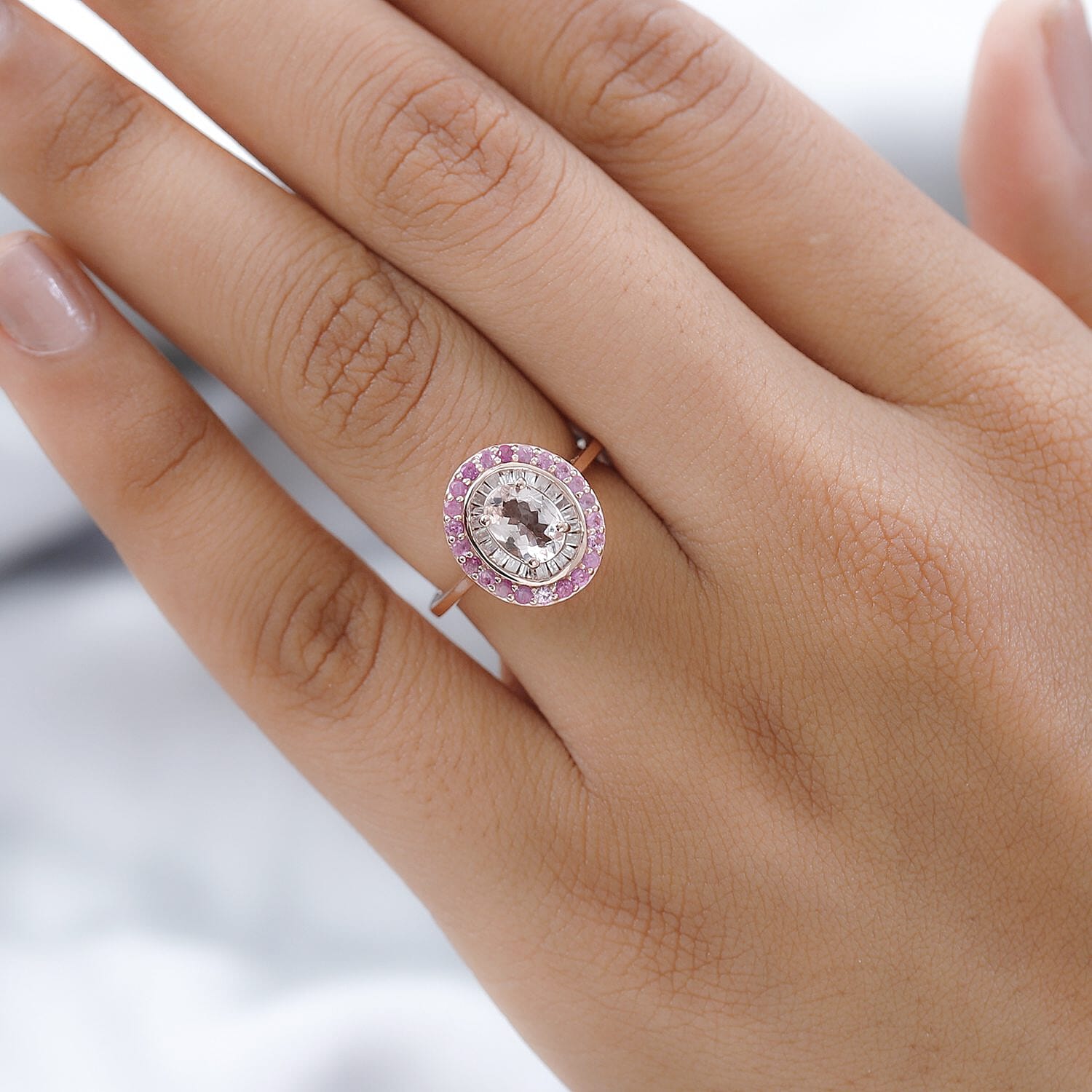 Marropino Morganite, Madagascar Pink Sapphire and Diamond Double Halo Ring in Vermeil Rose Gold Over Sterling Silver (Size 10.0) 1.35 ctw