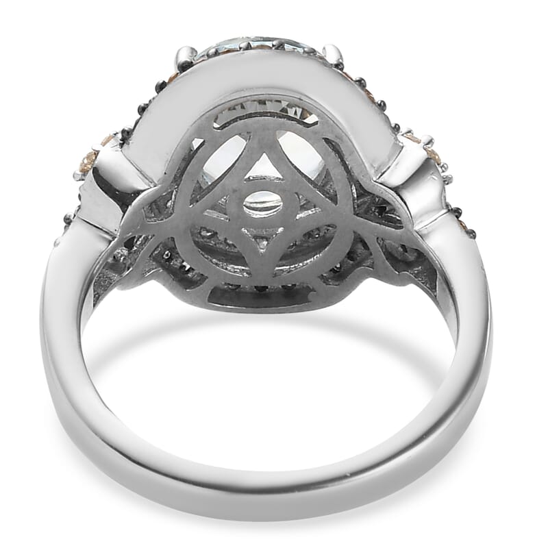 Espirito Santo Aquamarine, Natural Champagne and White Diamond 2.75 ctw Ring in Rhodium and Platinum Over Sterling Silver (Size 10.0)