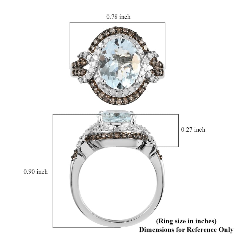 Espirito Santo Aquamarine, Natural Champagne and White Diamond 2.75 ctw Ring in Rhodium and Platinum Over Sterling Silver (Size 10.0)