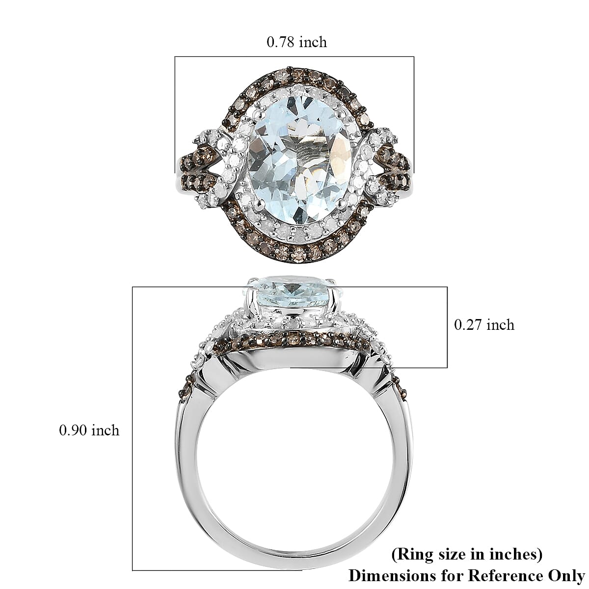 Mangoro Aquamarine, Natural Champagne and White Diamond Ring in Platinum Over Sterling Silver (Size 6.0) 2.75 ctw