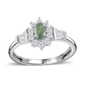 Narsipatnam Alexandrite and White Zircon Sunburst Ring in Platinum Over Sterling Silver (Size 6.0) 0.75 ctw
