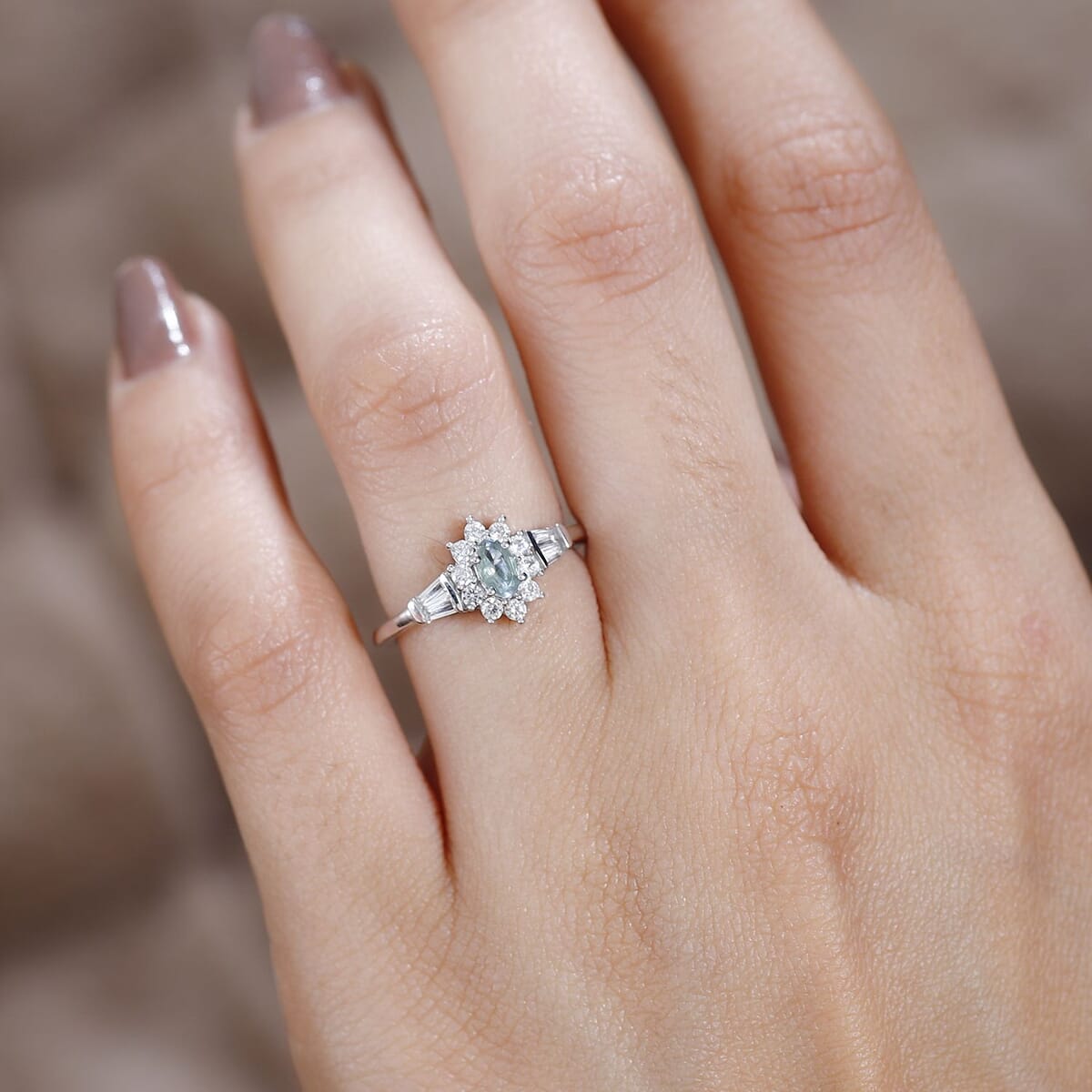Narsipatnam Alexandrite and White Zircon Sunburst Ring in Platinum Over Sterling Silver (Size 6.0) 0.75 ctw image number 2