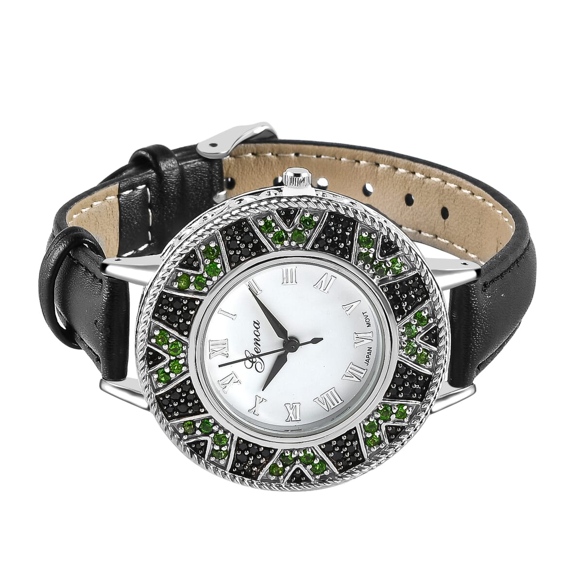 Genoa Chrome Diopside, Thai Black Spinel Miyota Japanese Movement Watch with Black Leather Strap (26 mm) 2.25 ctw image number 0