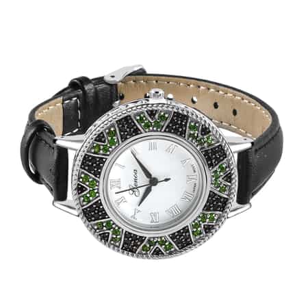 GENOA Natural Chrome Diopside, Natural Thai Black Spinel Miyota Japanese Movement Watch with Black Leather Strap (26 mm) 2.25 ctw image number 0