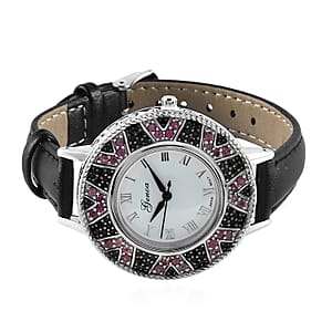 Genoa Orissa Rhodolite Garnet, Thai Black Spinel Miyota Japanese Movement Watch with Black Leather Strap (26 mm) 2.60 ctw