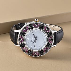 Genoa Orissa Rhodolite Garnet, Thai Black Spinel Miyota Japanese Movement Watch with Black Leather Strap (26 mm) 2.60 ctw