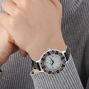 Genoa Orissa Rhodolite Garnet, Thai Black Spinel Miyota Japanese Movement Watch with Black Leather Strap (26 mm) 2.60 ctw