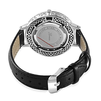 Genoa Orissa Rhodolite Garnet, Thai Black Spinel Miyota Japanese Movement Watch with Black Leather Strap (26 mm) 2.60 ctw