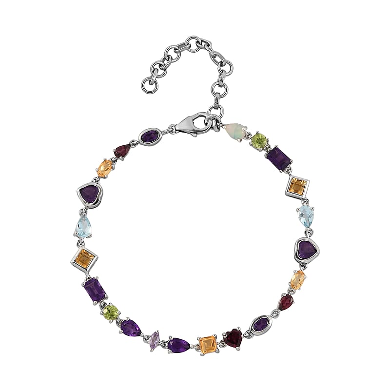 Multi Gemstone Mixed Shapes and Heart Station Bracelet in Platinum Over Sterling Silver (7.25 In) 7.90 ctw