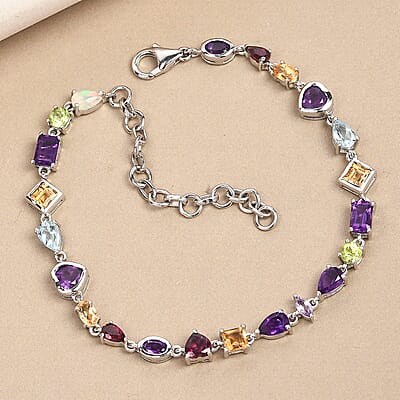 Multi Gemstone Mixed Shapes and Heart Station Bracelet in Platinum Over Sterling Silver (7.25 In) 7.90 ctw