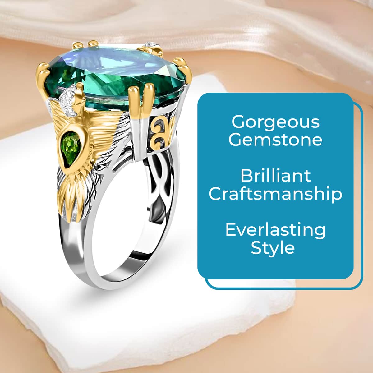 Peacock Quartz Triplet Ring, Multi Gemstone Ring, Quartz Triplet Bird Ring, Vermeil Yellow Gold and Platinum Over Sterling Silver Ring, Rings For Her 10.85 ctw (Size 10.0) image number 3