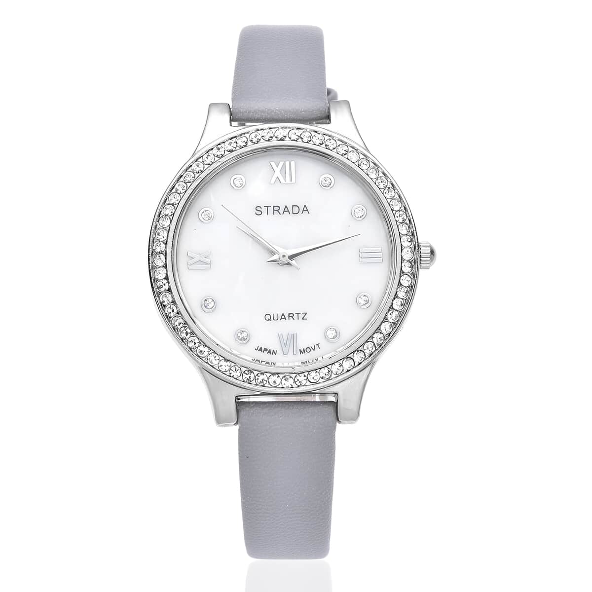 Strada Austrian Crystal Japanese Movement Watch with Gray Faux Leather Strap image number 0