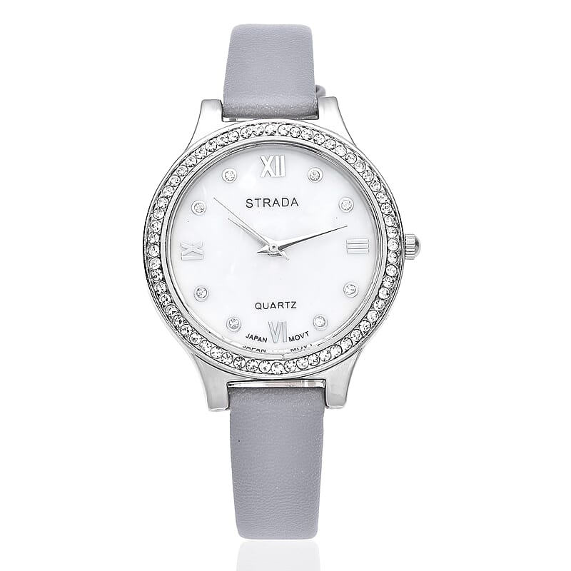 Strada Austrian Crystal Japanese Movement Watch with Gray Faux Leather Strap