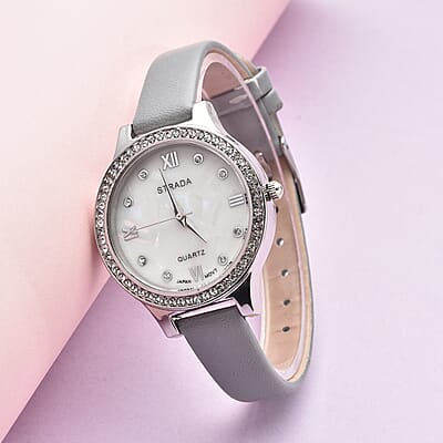 Strada Austrian Crystal Japanese Movement Watch with Gray Faux Leather Strap