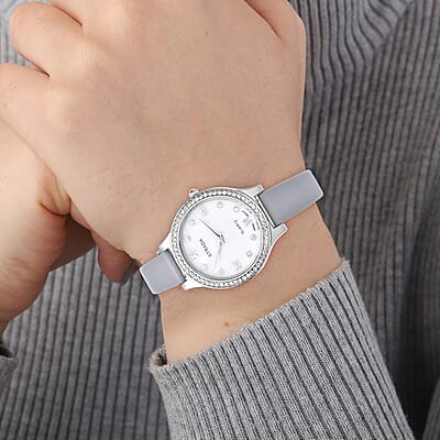 Strada Austrian Crystal Japanese Movement Watch with Gray Faux Leather Strap