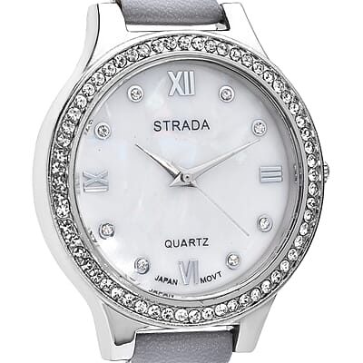 Strada Austrian Crystal Japanese Movement Watch with Gray Faux Leather Strap