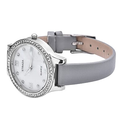 Strada Austrian Crystal Japanese Movement Watch with Gray Faux Leather Strap
