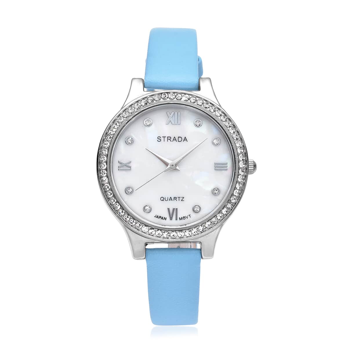 Strada Austrian Crystal Japanese Movement Watch with Turquoise Blue Faux Leather Strap image number 0