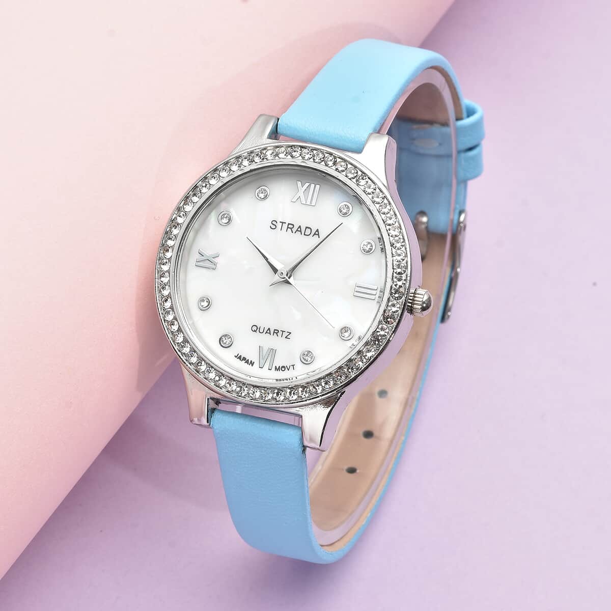 Strada Austrian Crystal Japanese Movement Watch with Turquoise Blue Faux Leather Strap image number 1