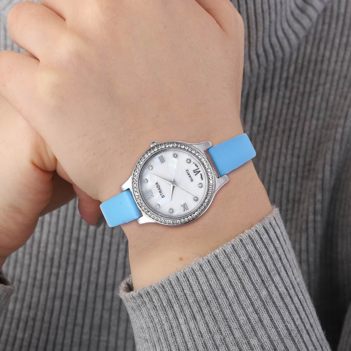 Strada Austrian Crystal Japanese Movement Watch with Turquoise Blue Faux Leather Strap image number 2
