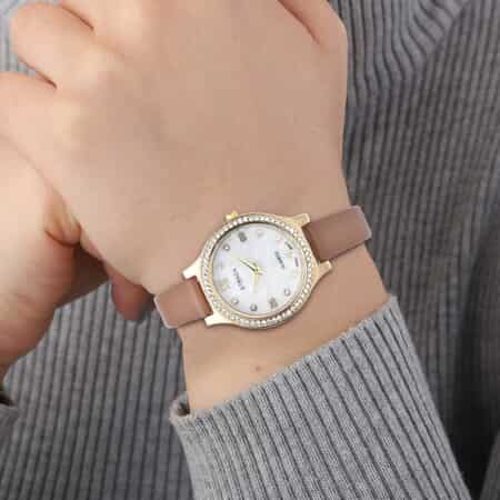 Strada Austrian Crystal Japanese Movement Watch with Coffee Faux Leather Strap image number 2