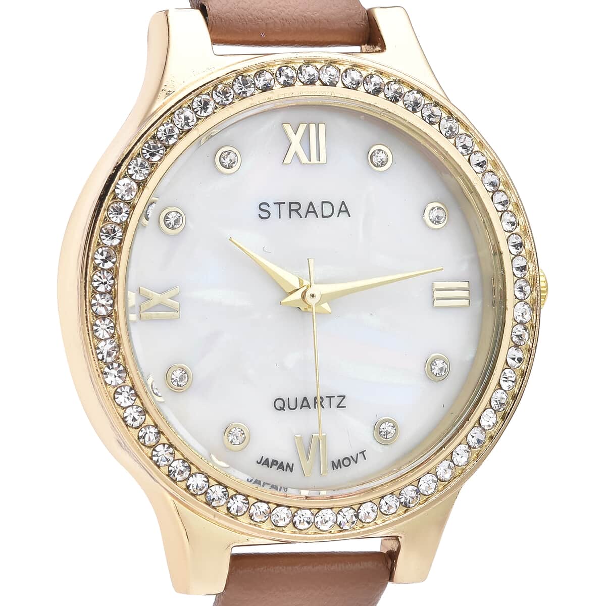 Strada Austrian Crystal Japanese Movement Watch with Coffee Faux Leather Strap image number 3