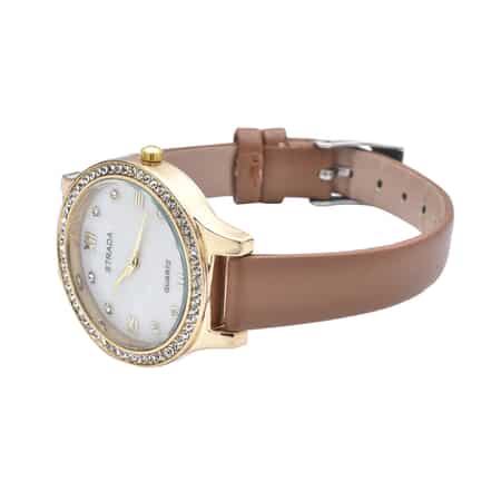Strada Austrian Crystal Japanese Movement Watch with Coffee Faux Leather Strap image number 4