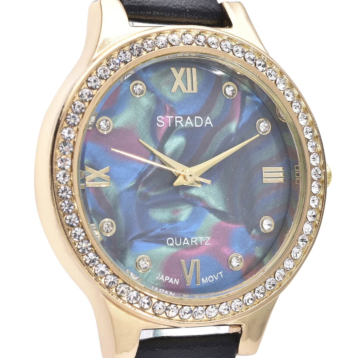 Strada Austrian Crystal Japanese Movement Watch with Black Faux Leather image number 3