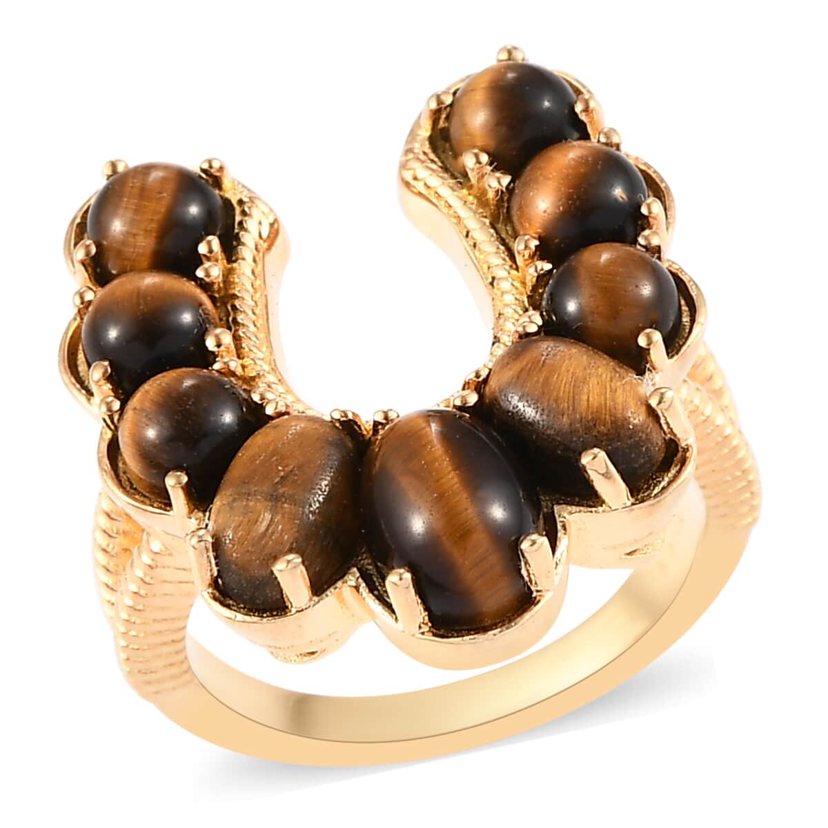 KARIS South African Tiger's Eye Horseshoe Ring in 18K YG Plated (Size 11.0) 4.25 ctw image number 0