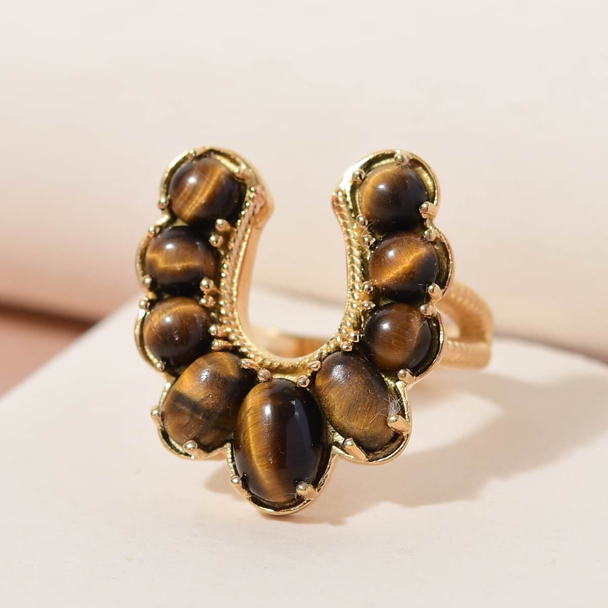 Karis South African Tiger's Eye Horseshoe Ring in 18K YG Plated (Size 6.0) 4.25 ctw image number 1