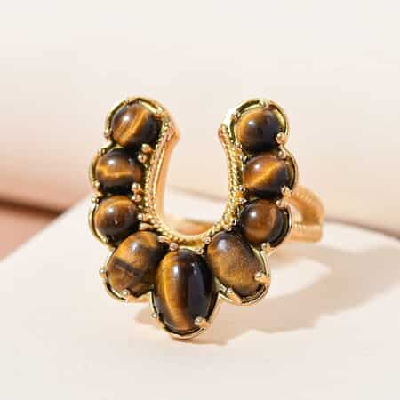 KARIS South African Tiger's Eye Horseshoe Ring in 18K YG Plated (Size 7.0) 4.25 ctw image number 1