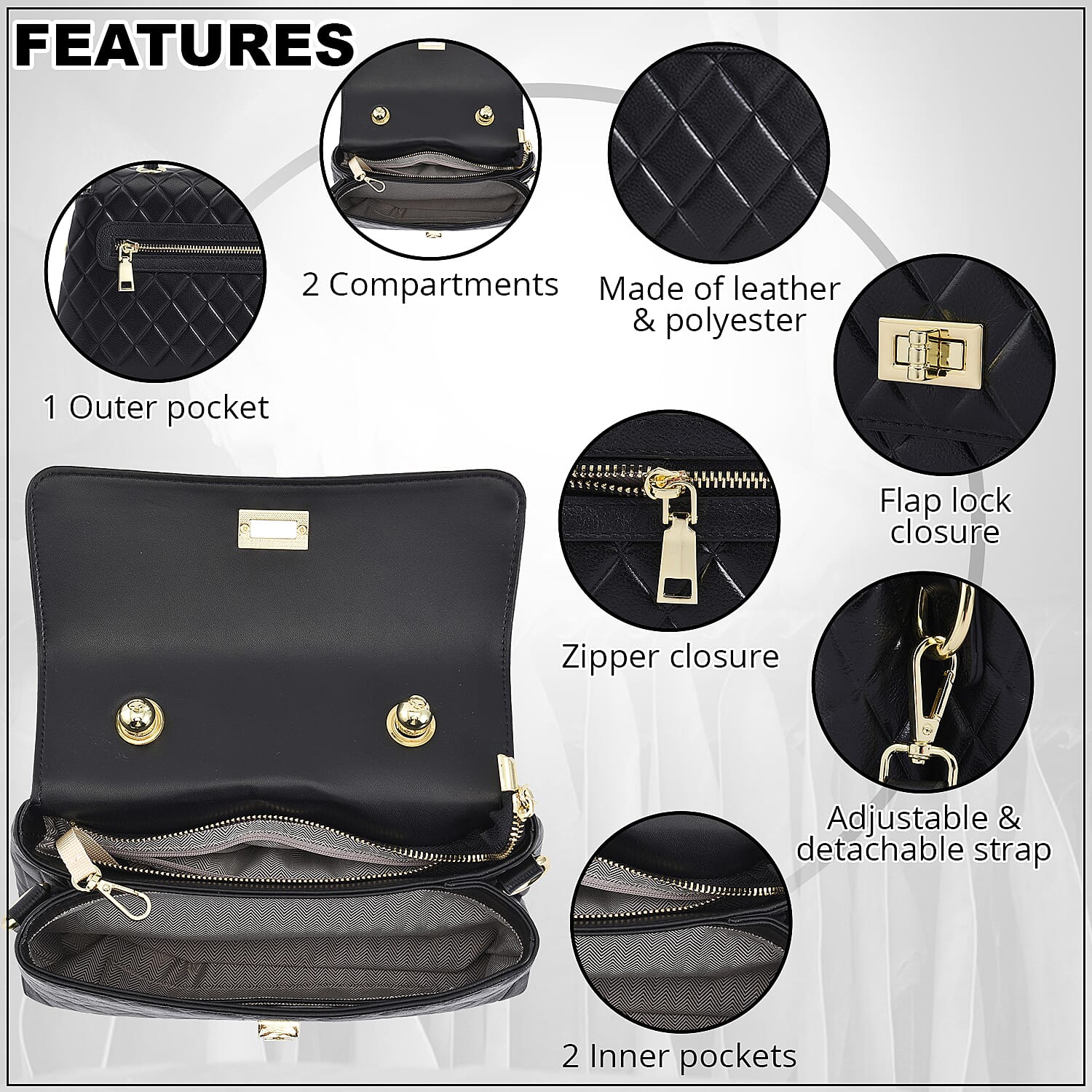 Genuine Leather Tote Bag , Black Tote Bag , Quilted Pattern Tote Bag , Work Tote Bag , Tote Bag with Detachable Strap