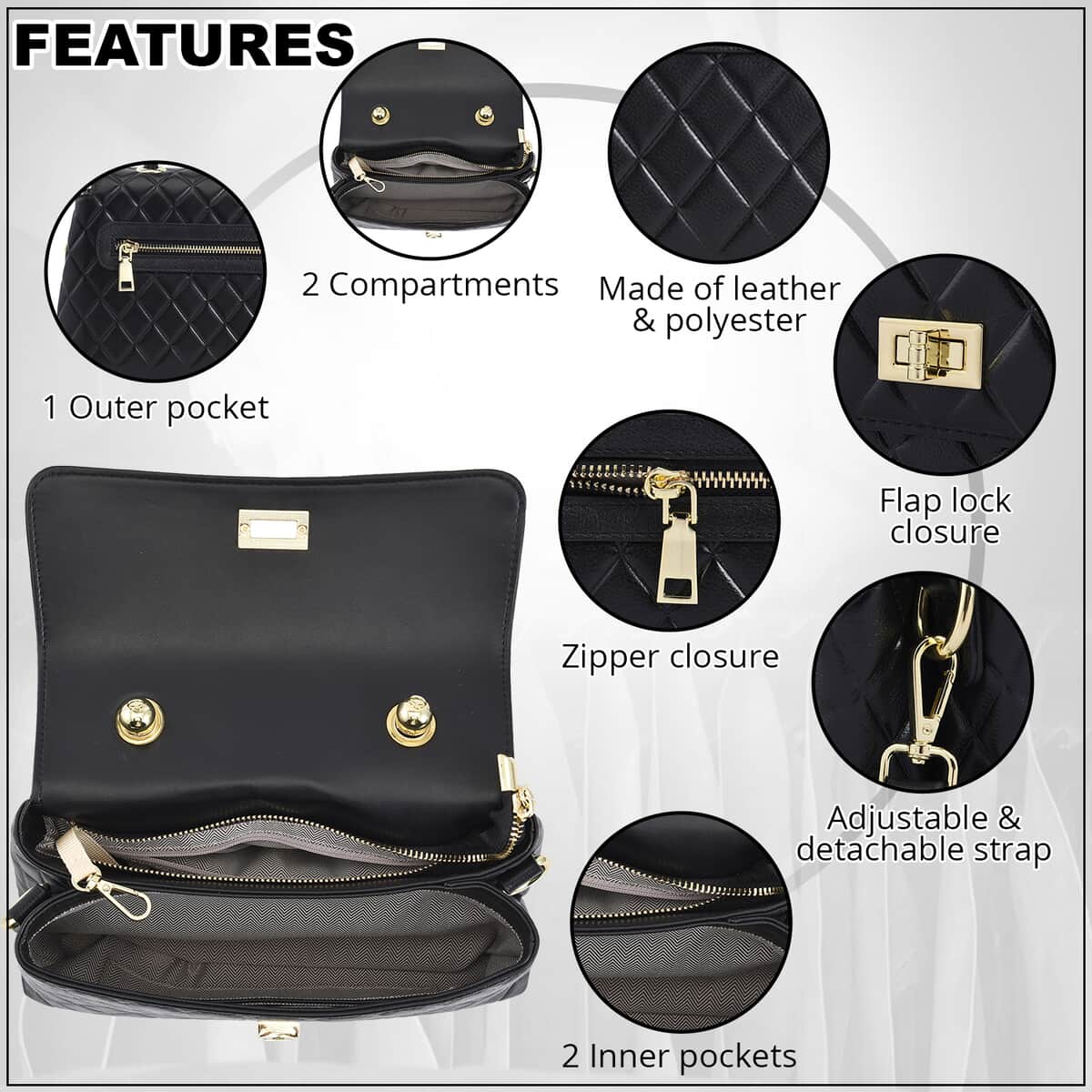 Genuine Leather Tote Bag , Black Tote Bag , Quilted Pattern Tote Bag , Work Tote Bag , Tote Bag with Detachable Strap image number 1