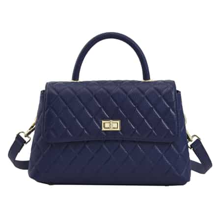 Genuine Leather Tote Bag , Blue Tote Bag , Quilted Pattern Tote Bag , Work Tote Bag , Tote Bag with Detachable Strap image number 0