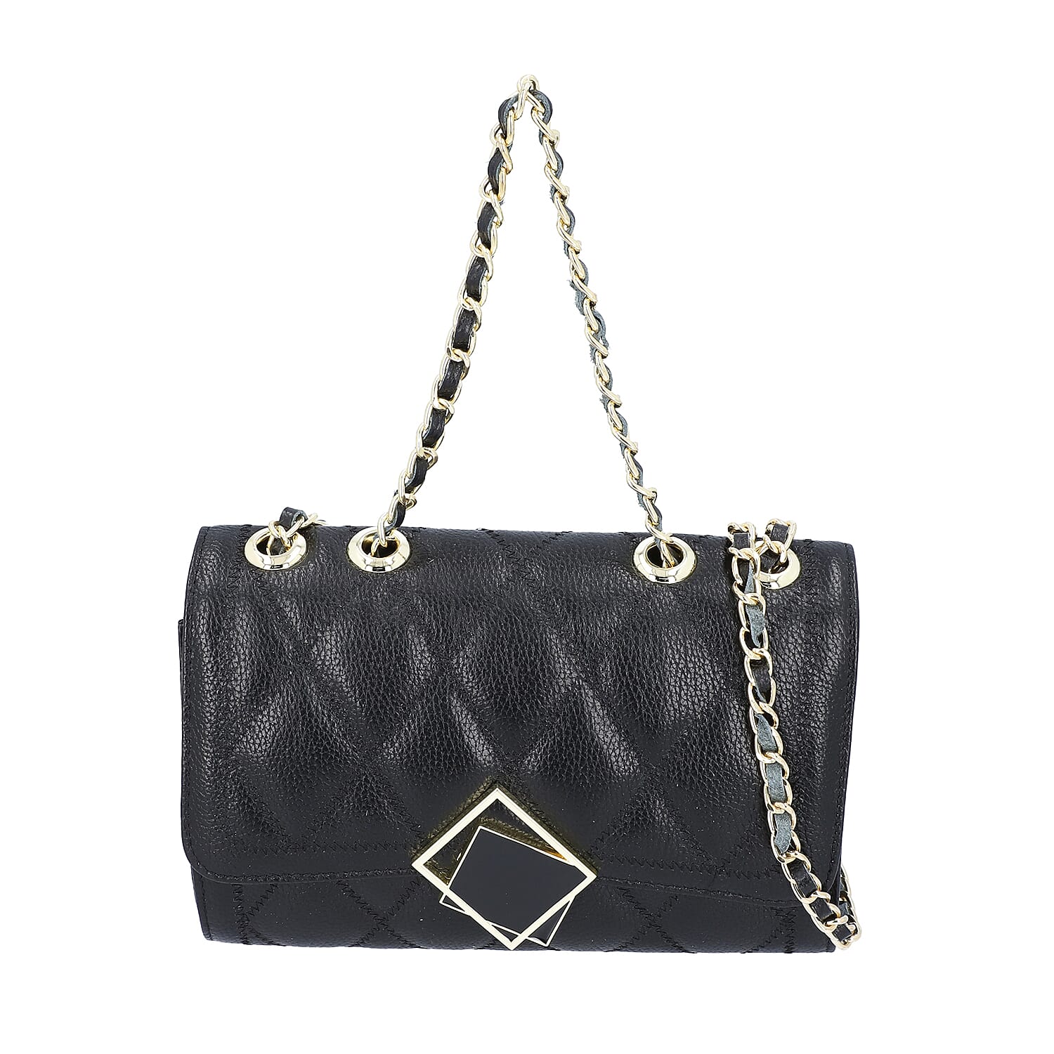 Black Genuine Leather Diamond Quilted Pattern Crossbody Bag