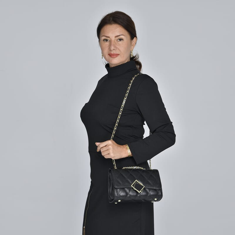 Black Genuine Leather Diamond Quilted Pattern Crossbody Bag