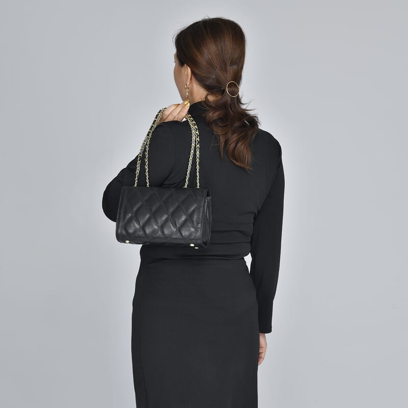 Black Genuine Leather Diamond Quilted Pattern Crossbody Bag