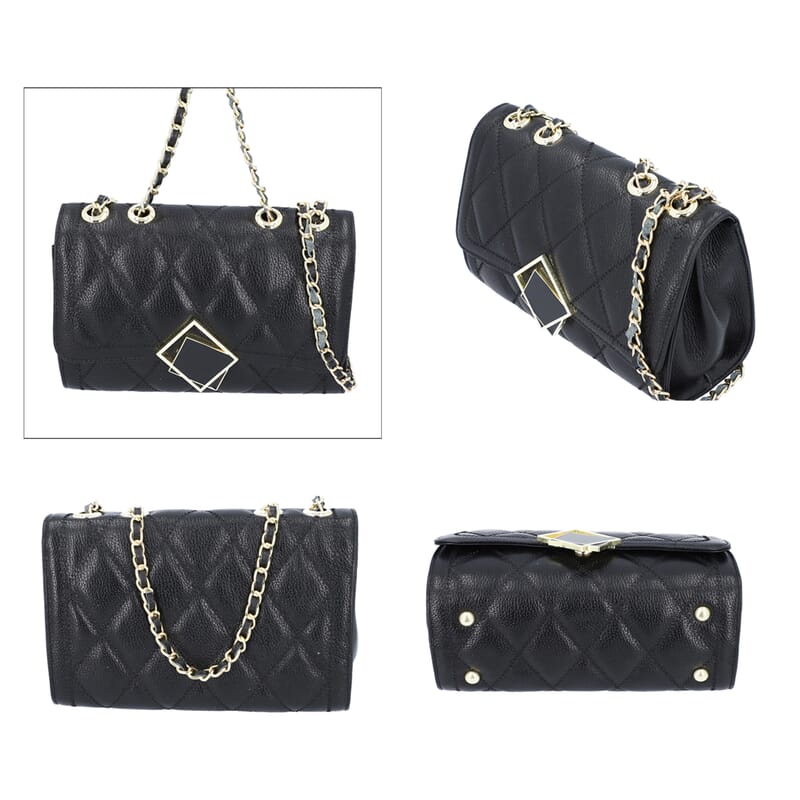 Black Genuine Leather Diamond Quilted Pattern Crossbody Bag