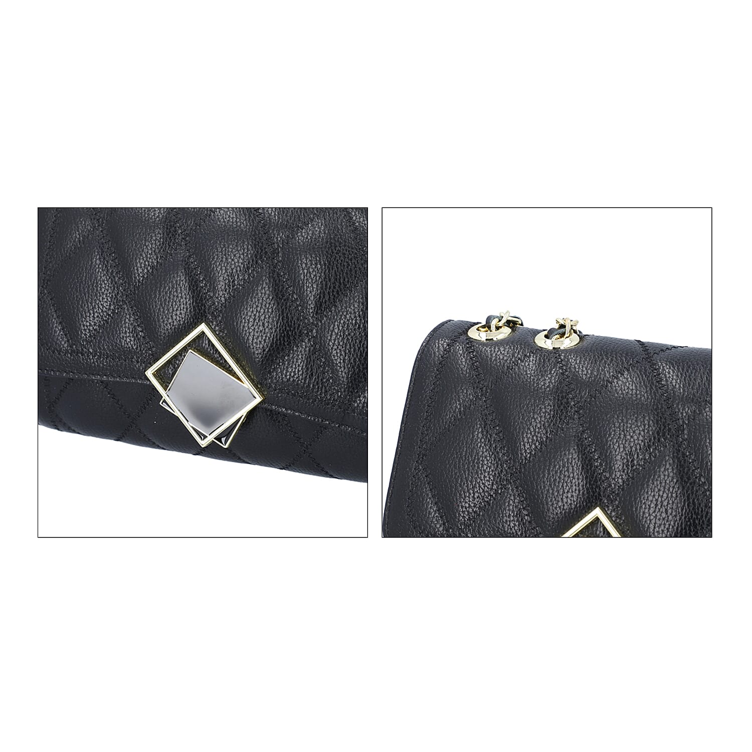 Black Genuine Leather Diamond Quilted Pattern Crossbody Bag