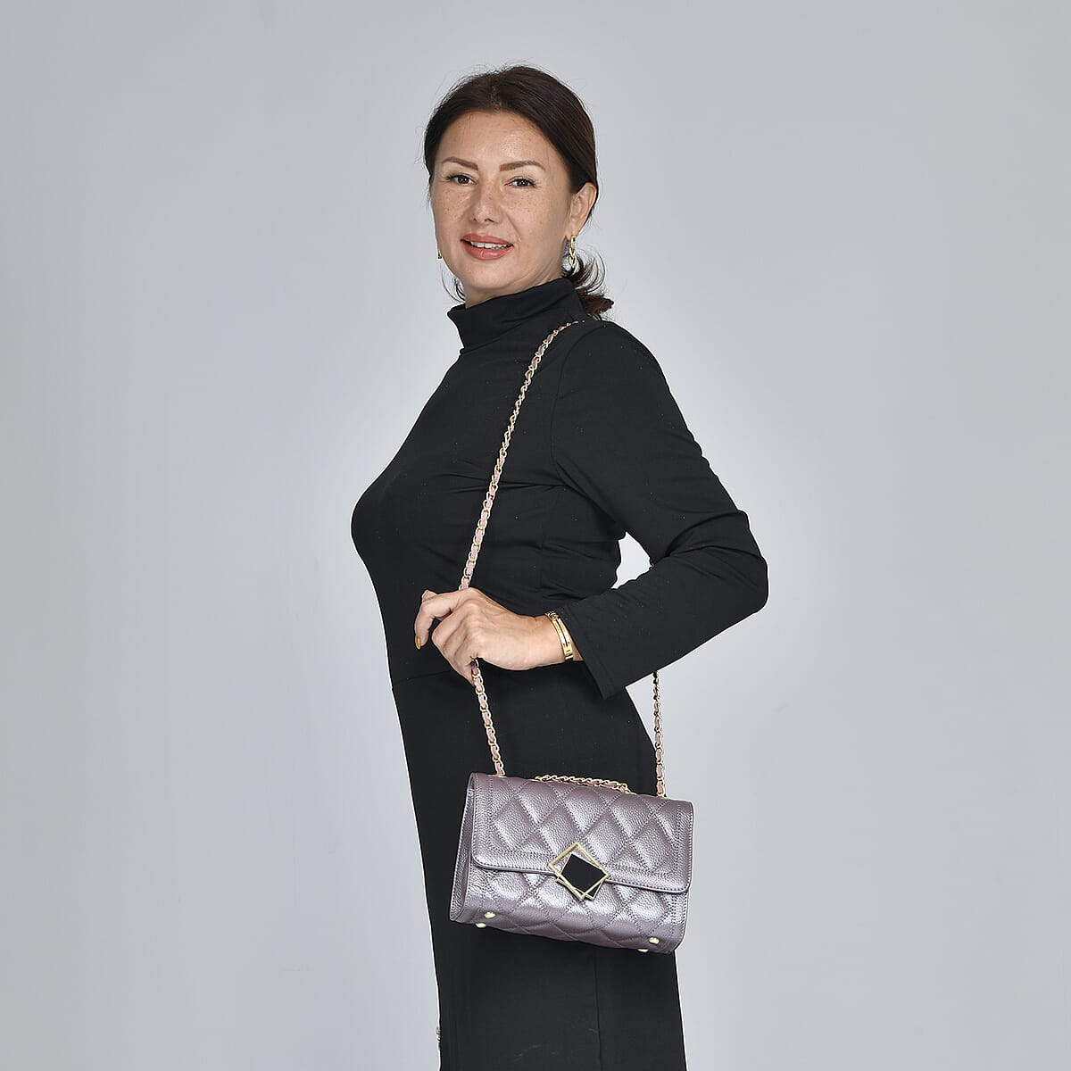 Light Gray Genuine Leather Diamond Quilted Pattern Crossbody Bag image number 1