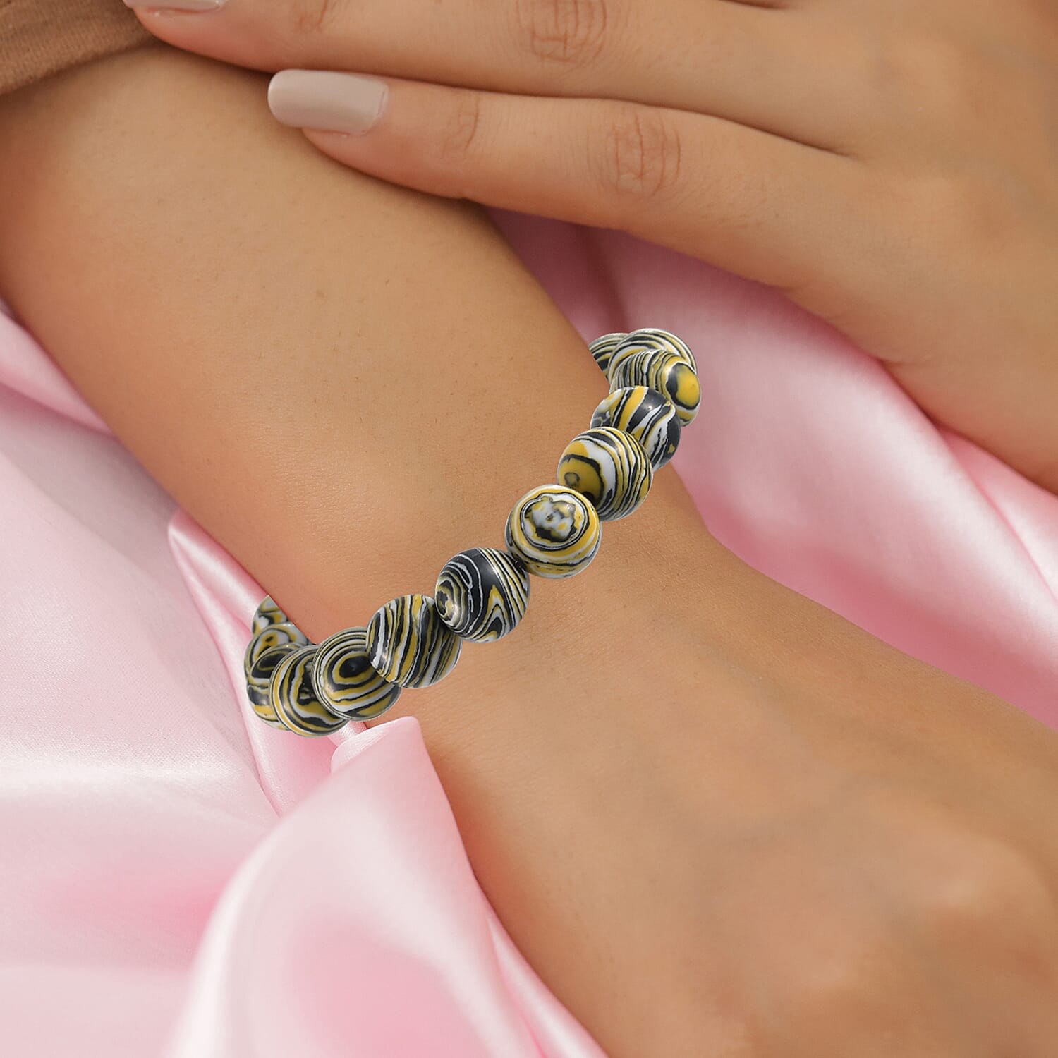 Simulated Black and Yellow Malachite Beaded Stretch Bracelet 186.25 ctw