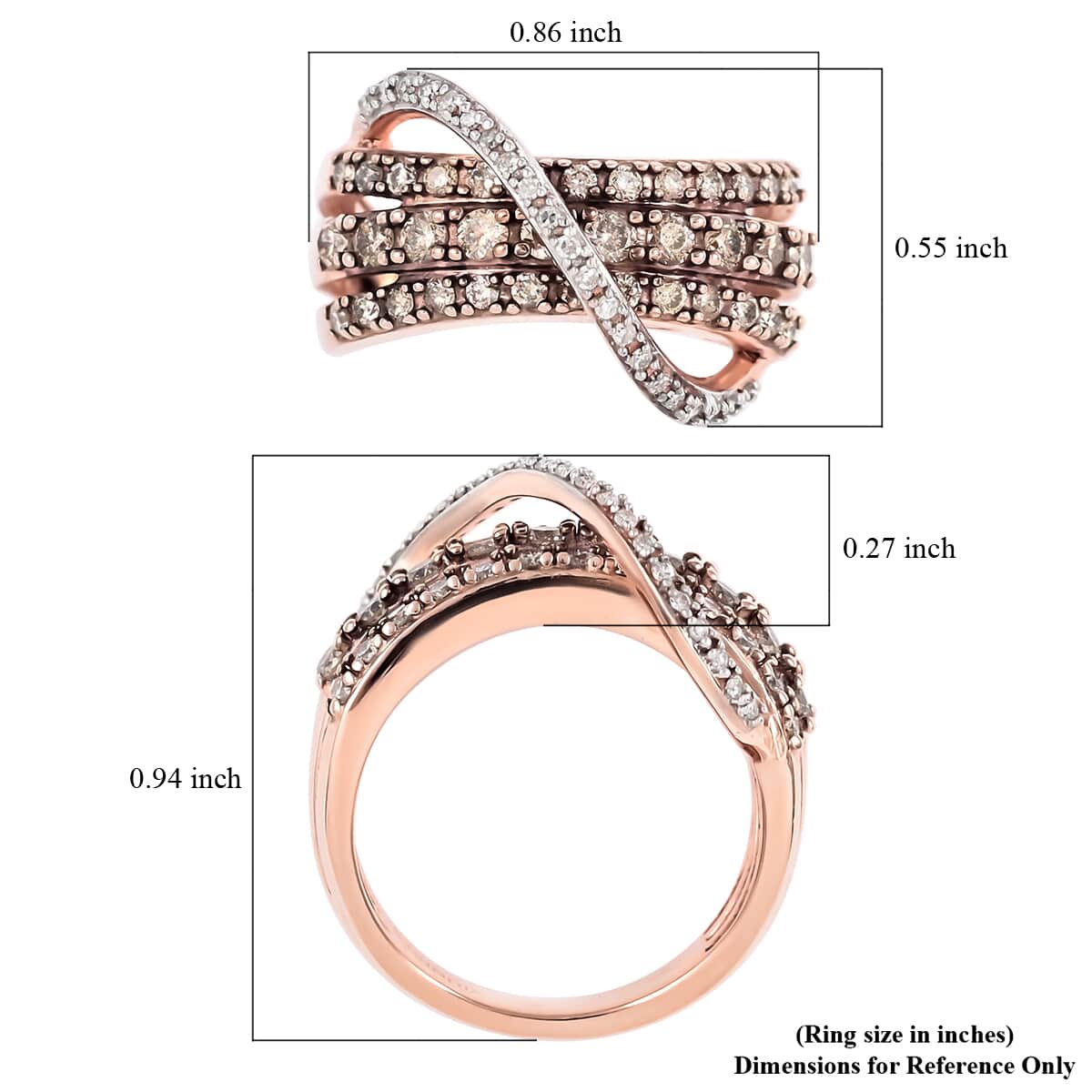Natural Champagne and White Diamond Ring in Vermeil Rose Gold Over Sterling Silver (Size 6.0) 0.75 ctw image number 5