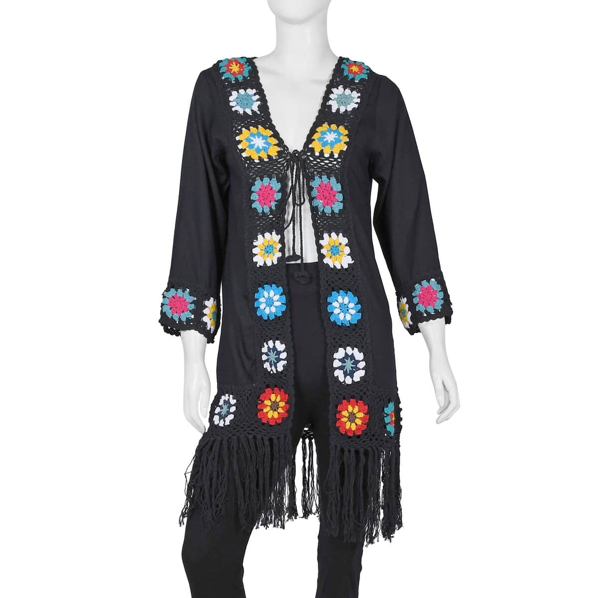 Tamsy Black with Multicolor Square Geometric Pattern Cotton Hand Crochet Cardigan - S image number 0