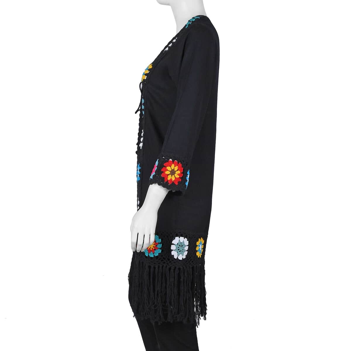 Tamsy Black with Multicolor Square Geometric Pattern Cotton Hand Crochet Cardigan - S image number 2